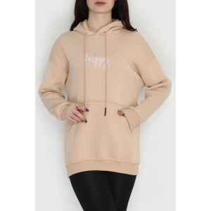 3 İplik Kanguru Cepli Kapşonlu Sweat Bej - 52100.1878.