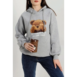 3 İplik Kapşonlu Baskılı Sweat Gri - 42220.1878.