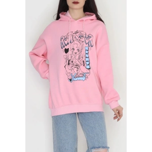 3 İplik Kapşonlu Baskılı Sweat Pembe - 42224.1878.