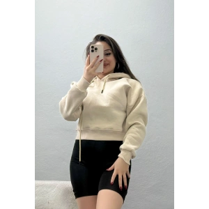 3 İplik Kapşonlu Crop Sweat Bej - 20959.1878.