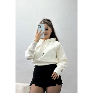 3 İplik Kapşonlu Crop Sweat Ekru - 20967.1878.