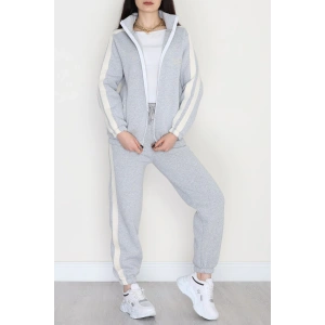 3 İplik Keten Şeritli Eşofman Takım Gri - 40017.1857.