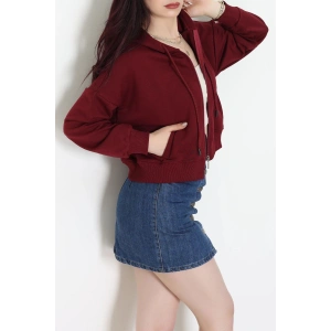 3 İplik Şardonsuz Fermuarlı Cepli Crop Sweat Bordo - 80774.1878.