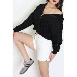 3 İplik Şardonsuz Fermuarlı Cepli Crop Sweat Siyah - 80774.1878.