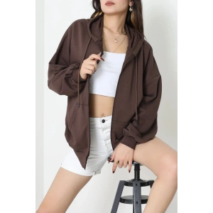 3 İplik Şardonsuz Fermuarlı Oversize Kanguru Sweat Kahve - 80775.1878.