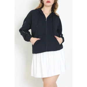 3 İplik Şardonsuz Fermuarlı Şeritli Oversize Sweat Lacivert - 80772.1878.