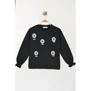 6-9 Yaş Kız Çocuk Çiçek Nakışlı Sweat Siyah - 6264158.1576.