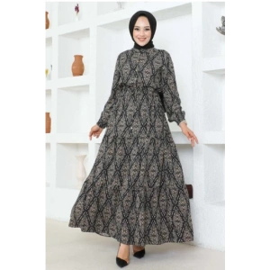 Bağcıklı Desenli Viskon Elbise SİYAH