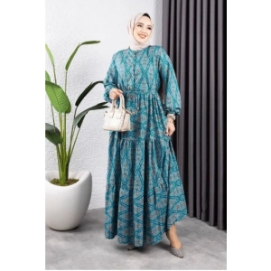 Bağcıklı Desenli Viskon Elbise YEŞİL