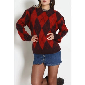 Baklava Dilimli Triko Kazak Mürdümkırmızı - 51263.1918.