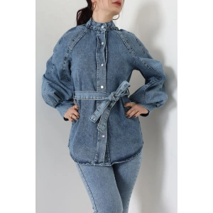 Balon Kollu Belden Bağlamalı Kot Ceket Mavi - 31787.683.