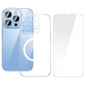Baseus iPhone 15 Pro Max Crystal Serisi Manyetik Magsafe Silikon Kılıf + Tempered Ekran Koruyucu Set-(1903)