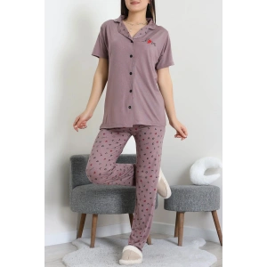 Baskılı Düğmeli Pijama Takım Patlıcanmor - 50776.1773.
