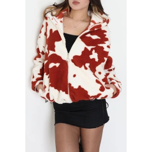 Baskılı Kapşonlu Polar Ceket Ekrukiremit - 31711.1247.