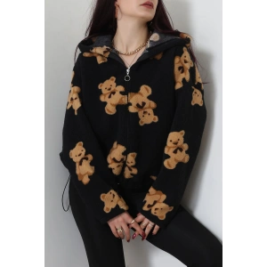 Baskılı Kapşonlu Polar Ceket Siyah - 31711.1247.