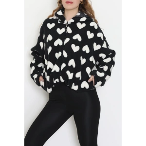 Baskılı Kapşonlu Polar Ceket Siyahkalp - 31711.1247.