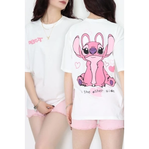 Baskılı Kompakt Penye Tişört Beyazpembe1 - 55044.1872.