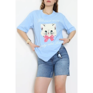 Baskılı Kompakt Penye Tişört Mavikrem1 - 55044.1872.