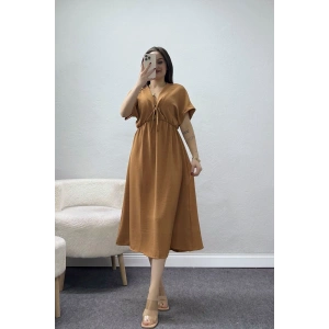 Bel Büzgülü Bağlama Detaylı Kısa Kol Ayrobin Elbise Camel - 71119.701.