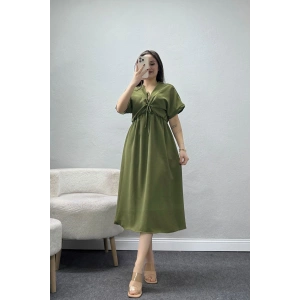 Bel Büzgülü Bağlama Detaylı Kısa Kol Ayrobin Elbise Haki - 71119.701.