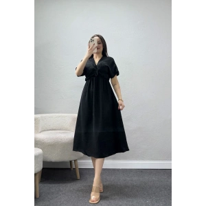 Bel Büzgülü Bağlama Detaylı Kısa Kol Ayrobin Elbise Siyah - 71119.701.