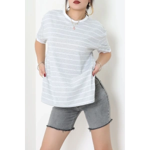 Bisiklet Yaka Çizgili Rejenere Süprem Tişört Gribeyaz - 601.1567.