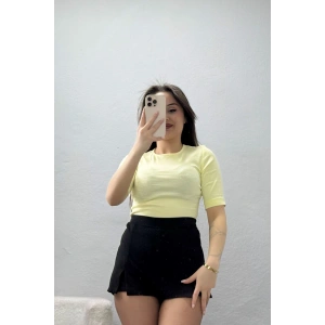 Bisiklet Yaka Fakir Kol Penye Tişört Sarı - 22094.200.