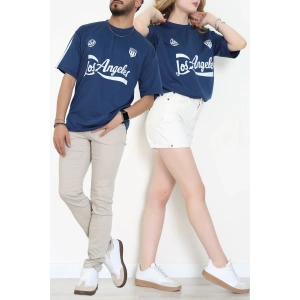 Bisiklet Yaka Oversize 2 İplik Forma Tişört İndigo - 88102.1878.