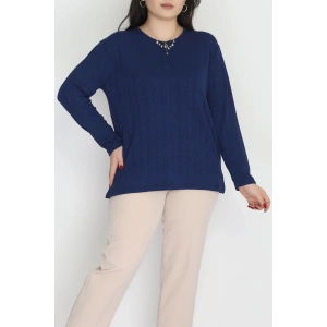 Burgu Kumaş Bisiklet Yaka Büyük Beden Bluz Lacivert - 70756.1954.