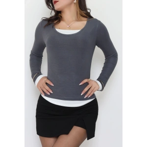 Buzzy Kumaş Geniş Yaka Parçalı Bluz Antrasit - 1055.2119.