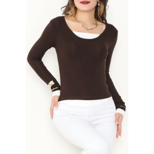 Buzzy Kumaş Geniş Yaka Parçalı Bluz Kahve - 1055.2119.