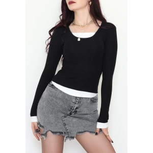 Buzzy Kumaş Geniş Yaka Parçalı Bluz Siyah - 1055.2119.