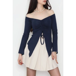 Buzzy Kumaş Önü Ayarlanabilir Büzgülü Bluz Lacivert - 1009.2119.