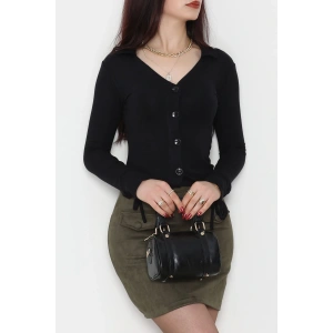 Buzzy Kumaş Polo Yaka Düğmeli Hırka Siyah - 1062.2119.