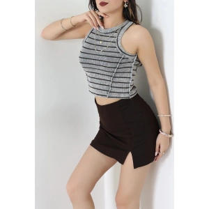 Çizgili Asit Yıkamalı Kaşkorse Crop Body Gri - 71061.1748.