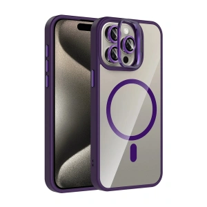CPT05 Apple iPhone 14 Pro Max Remim Lensli Magsafe Standlı Kapak - Derin Mor