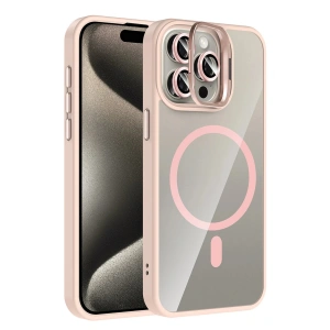 CPT05 Apple iPhone 14 Pro Max Remim Lensli Magsafe Standlı Kapak - Pembe