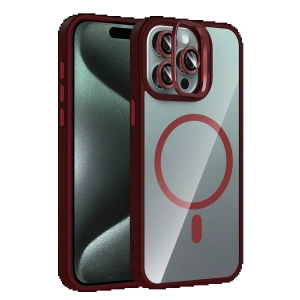 CPT05 Apple iPhone 15 Pro Max Remim Lensli Magsafe Standlı Kapak - Bordo