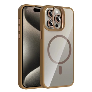 CPT05 Apple iPhone 15 Pro Max Remim Lensli Magsafe Standlı Kapak - Kahverengi