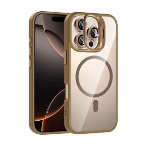 CPT05 Apple iPhone 16 Pro Max Remim Lensli Magsafe Standlı Kapak - Kahverengi