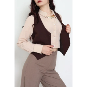 Dabıl Kumaş Düğmeli Fleto Cepli Yelek Kahve - 51230.1991.