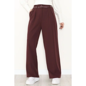 Dabıl Kumaş Kemerli Çift Düğme Pileli Palazzo Pantolon Mürdüm - 2084.1991.