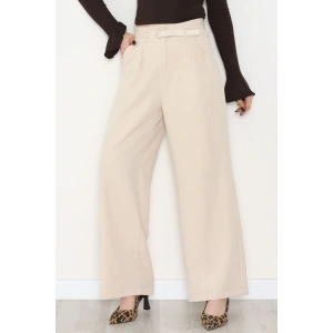 Dabıl Kumaş Kemerli Çift Düğme Pileli Palazzo Pantolon Taş - 2084.1991.