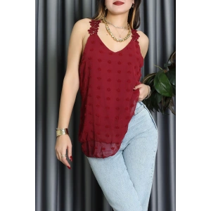 Dantel Askılı Sırtı Çapraz Detaylı Ponpon Bluz Bordo - 72285.1256.