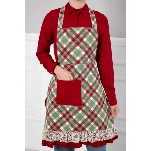 Dantel Detaylı Mutfak Önlüğü,MO-1 Ekose Desen - Koyu Bordo