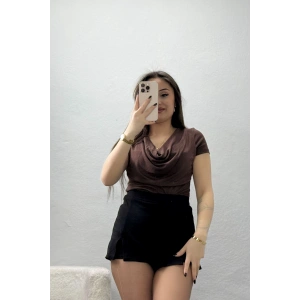 Degaje Yaka Penye Kumaş Bluz Kahve - 71422.1748.