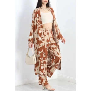 Desenli Kimono Takım Bejkahve - 19767.1247.