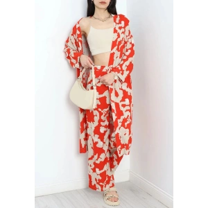 Desenli Kimono Takım Kırmızıbej - 19767.1247.