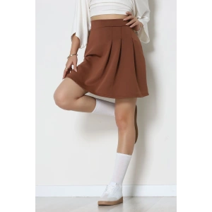 Double Krep Kumaş Pileli Mini Etek Acıkahve - 42798.1567.