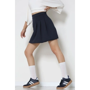 Double Krep Kumaş Pileli Mini Etek Lacivert - 42798.1567.
